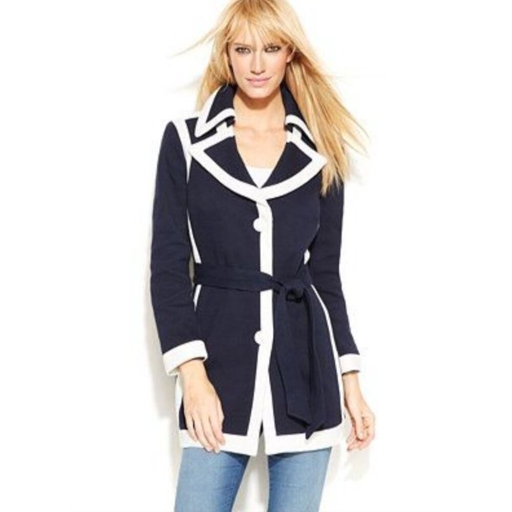 INC International Concepts Knit 3 Button Trench Coat in Blue/White - Sz S - New
